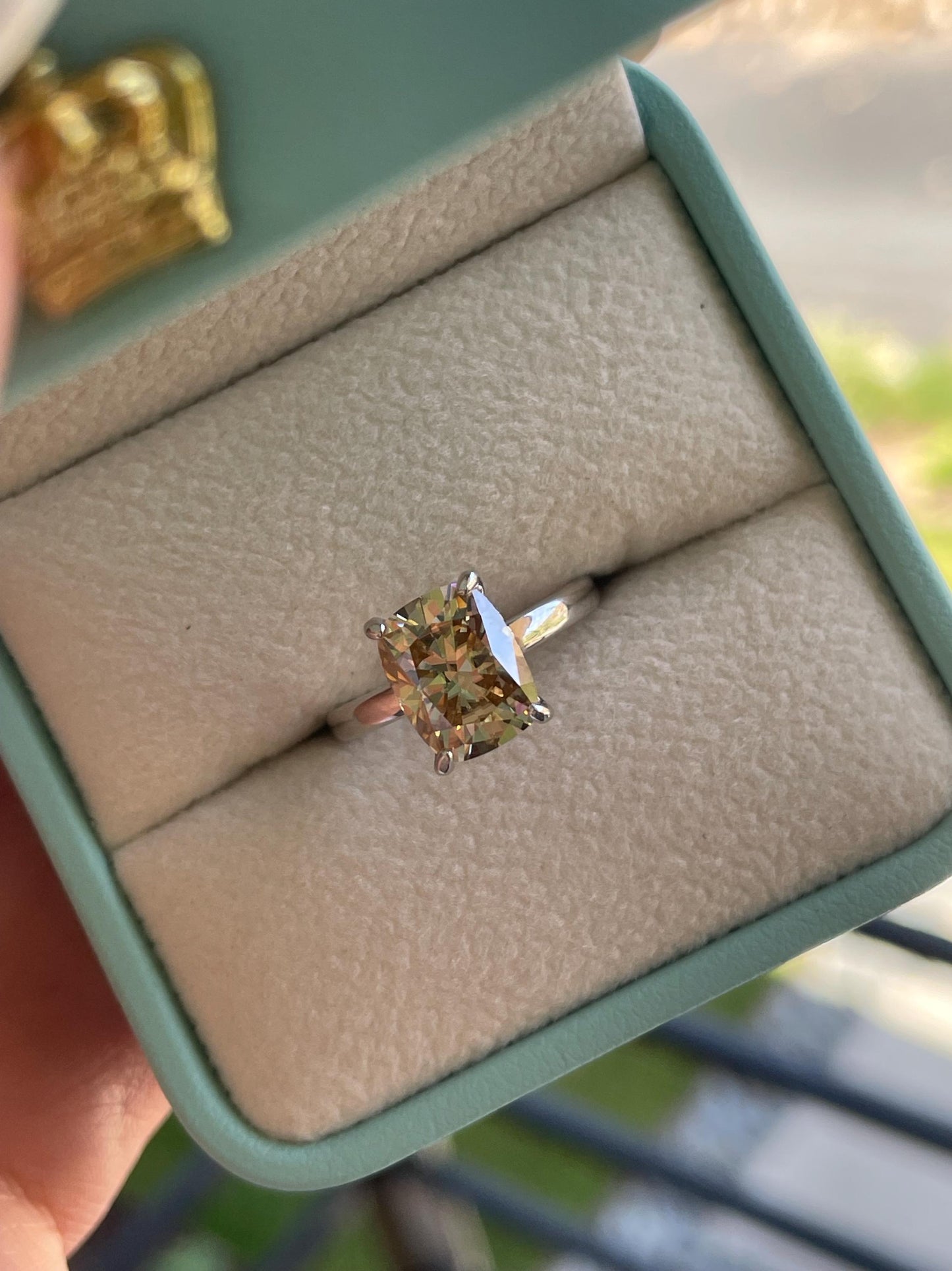 3CT moissanite champagne elongated cushion cut engagement ring with hidden halo, champagne moissanite ring, cushion cut moissanite ring