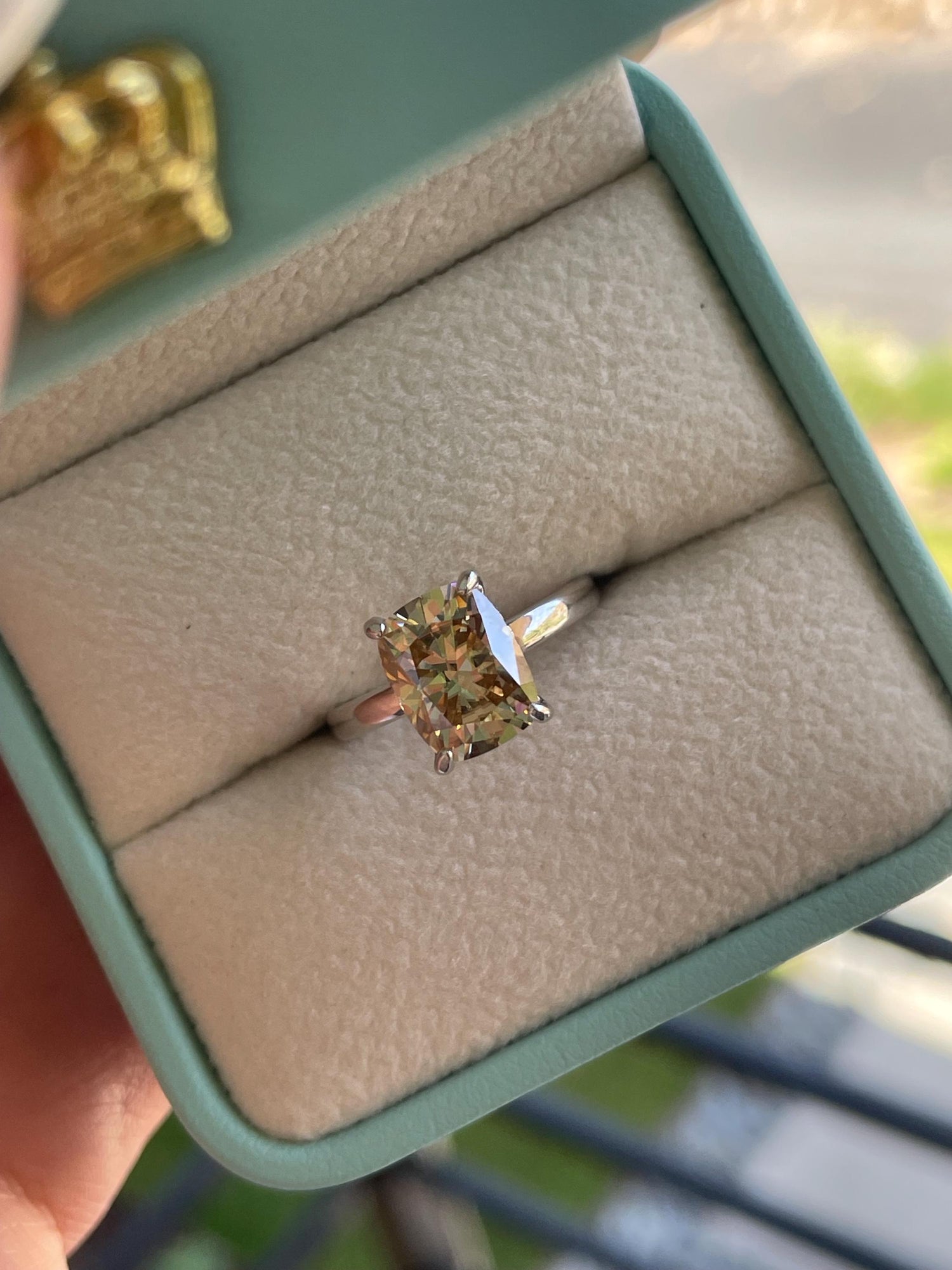 3CT moissanite champagne elongated cushion cut engagement ring with hidden halo, champagne moissanite ring, cushion cut moissanite ring
