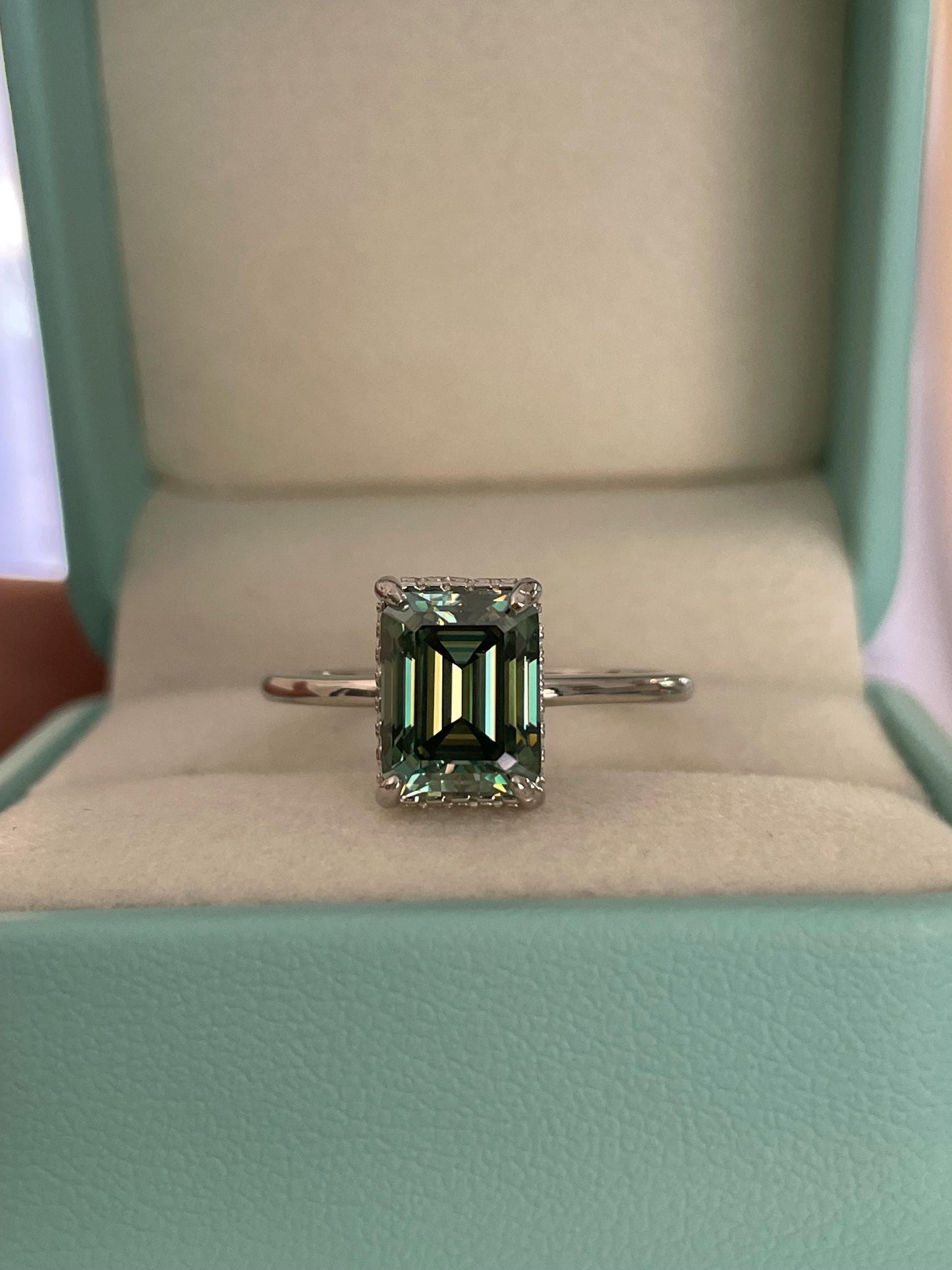 3 carat emerald cut green moissanite engagement ring with hidden halo, gold vermeil moissanite ring, silver moissanite ring gift for her