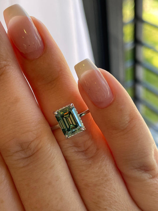 3 carat emerald cut green moissanite engagement ring with hidden halo, gold vermeil moissanite ring, silver moissanite ring gift for her