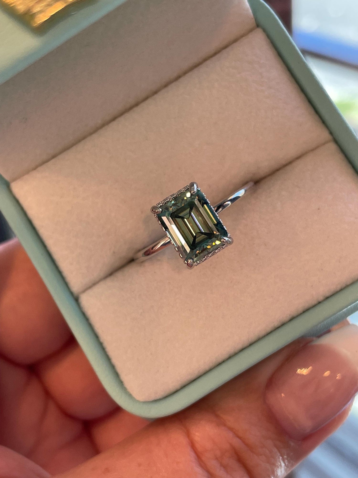 3 carat emerald cut green moissanite engagement ring with hidden halo, gold vermeil moissanite ring, silver moissanite ring gift for her
