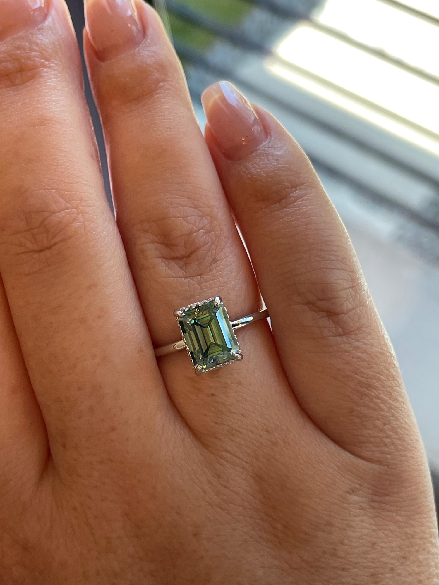 3 carat emerald cut green moissanite engagement ring with hidden halo, gold vermeil moissanite ring, silver moissanite ring gift for her