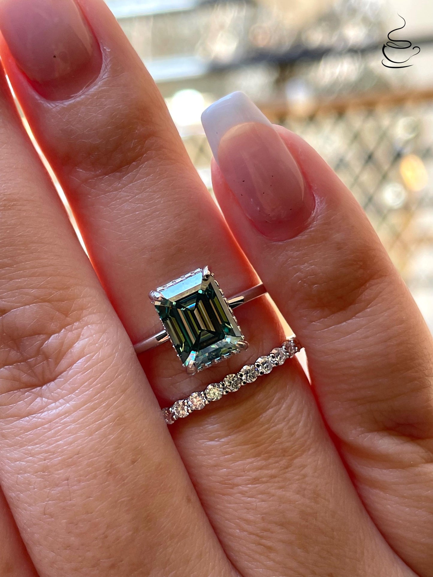 3 carat emerald cut green moissanite engagement ring set, silver ring , gold vermeil green moissanite ring, green stone ring, gift for her