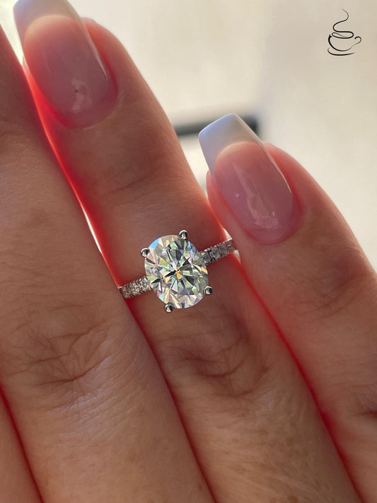 2 carat oval cut moissanite engagement ring with paved band, gold vermeil oval moissanite engagement ring, silver moissanite ring
