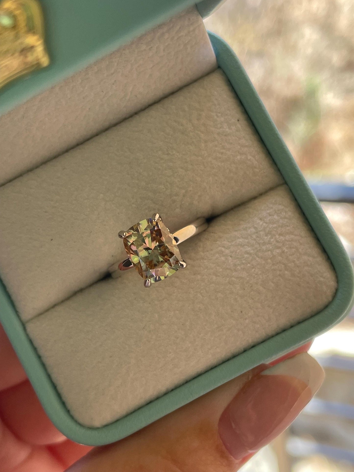 3CT moissanite champagne elongated cushion cut engagement ring with hidden halo, champagne moissanite ring, cushion cut moissanite ring