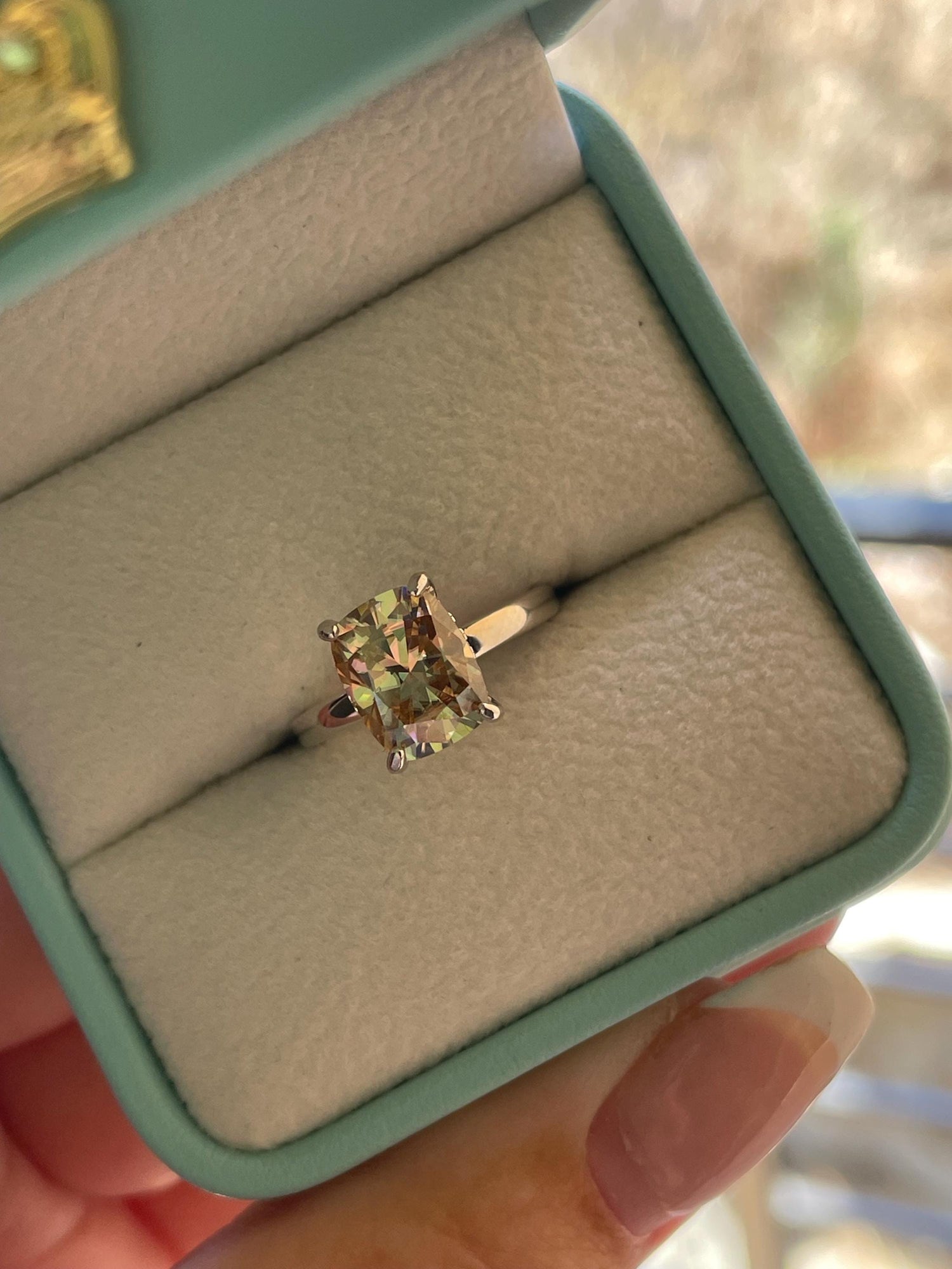 3CT moissanite champagne elongated cushion cut engagement ring with hidden halo, champagne moissanite ring, cushion cut moissanite ring