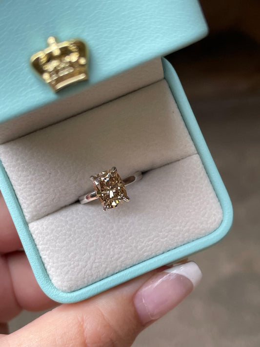 3CT moissanite champagne elongated cushion cut engagement ring with hidden halo, champagne moissanite ring, cushion cut moissanite ring
