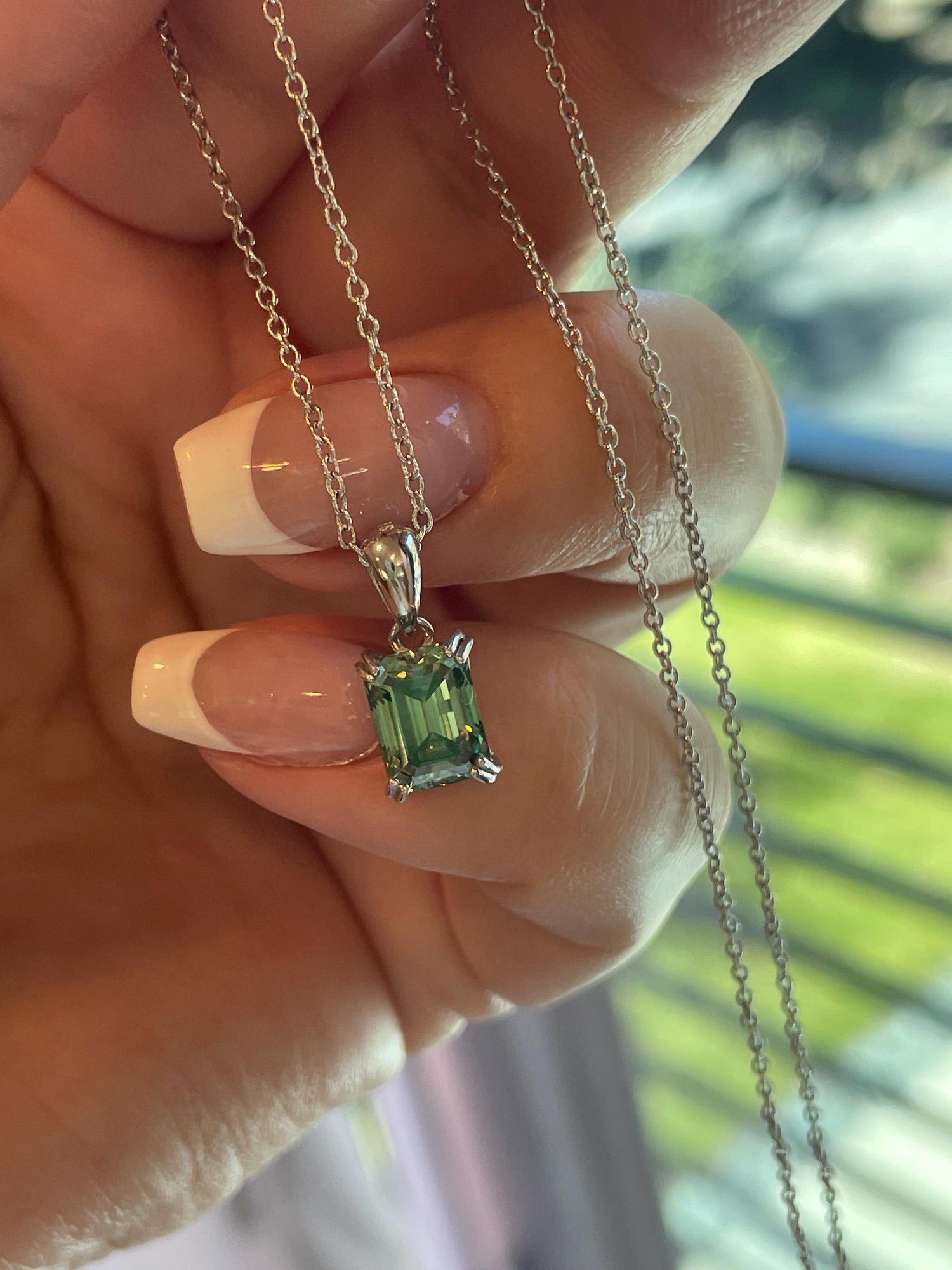 Emerald cut Green Moissanite Necklace , Sterling Silver 2 carat green moissanite , green Sparkling Moissanite Pendant with Chain