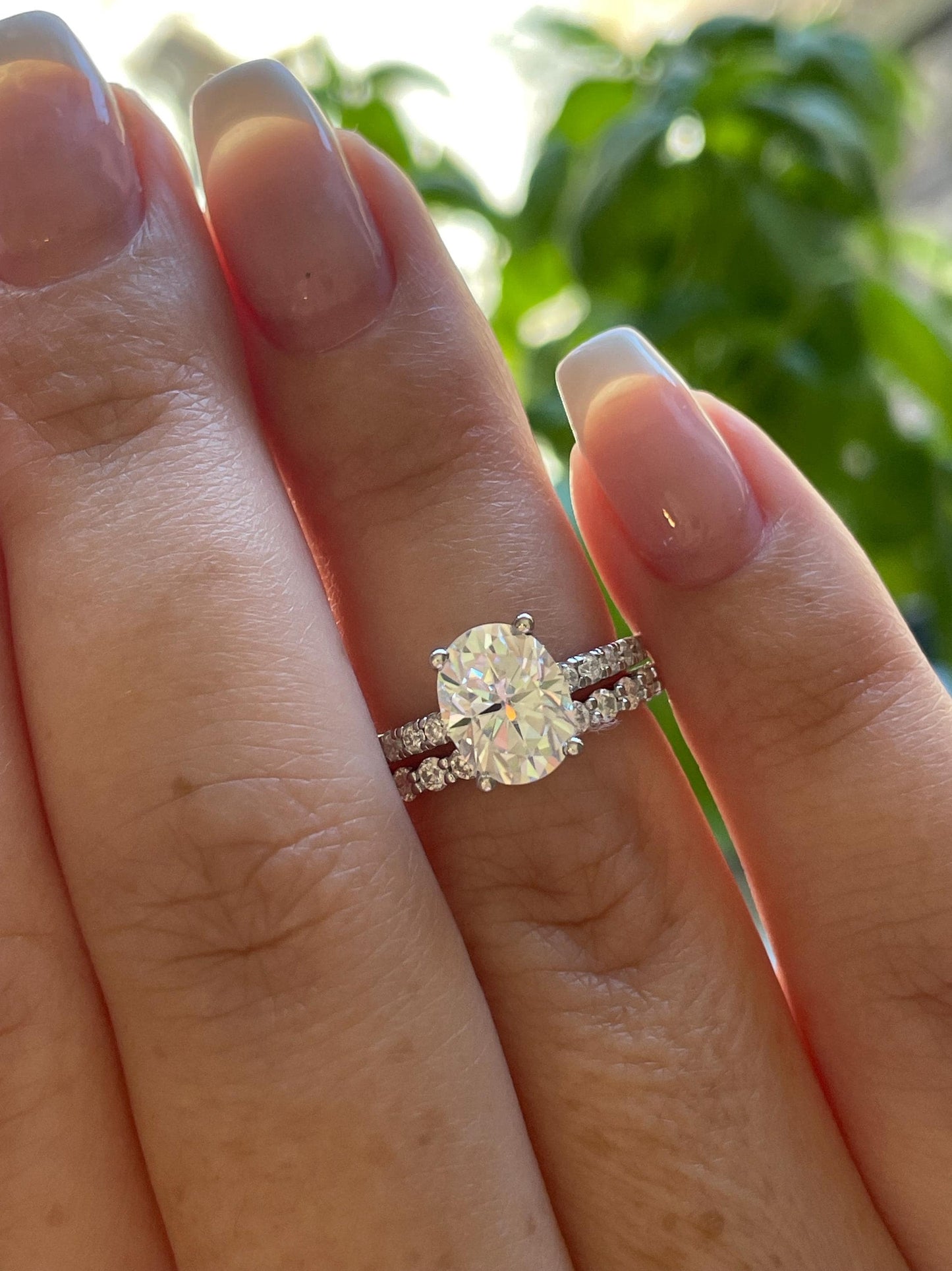 Oval Cut Moissanite Engagement Ring Set , Sterling Silver with 14K Gold or Rhodium Finish Half Eternity Band, proposal ring, 2 carat ring