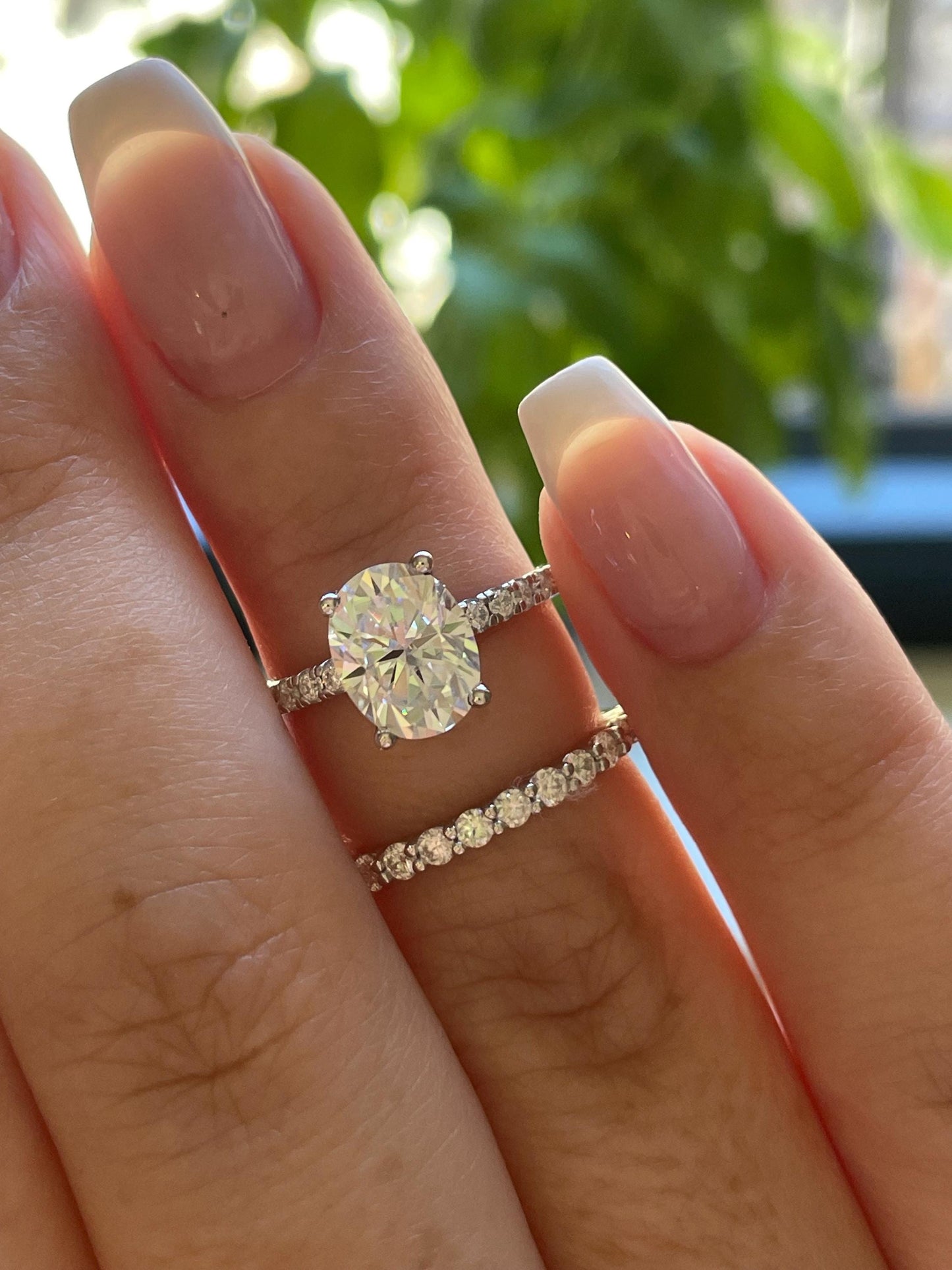 Oval Cut Moissanite Engagement Ring Set , Sterling Silver with 14K Gold or Rhodium Finish Half Eternity Band, proposal ring, 2 carat ring