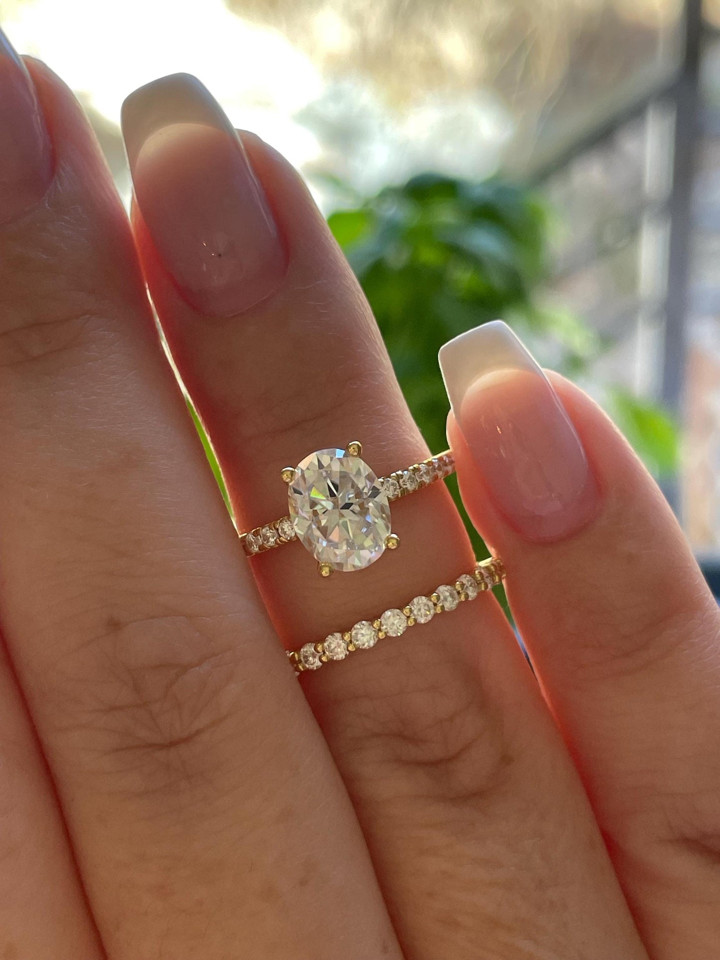 Oval Cut Moissanite Engagement Ring Set , Sterling Silver with 14K Gold or Rhodium Finish Half Eternity Band, proposal ring, 2 carat ring