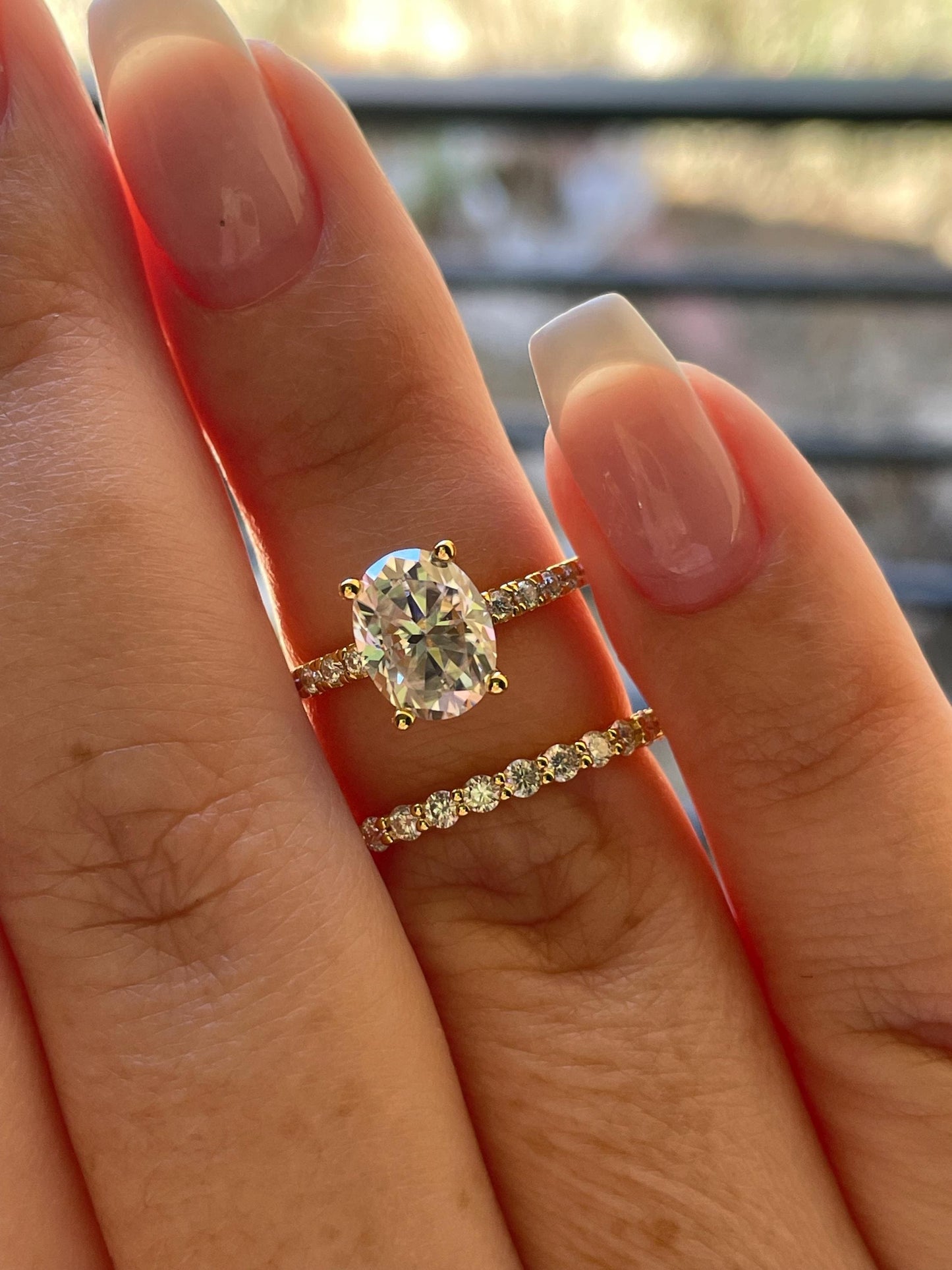 Oval Cut Moissanite Engagement Ring Set , Sterling Silver with 14K Gold or Rhodium Finish Half Eternity Band, proposal ring, 2 carat ring