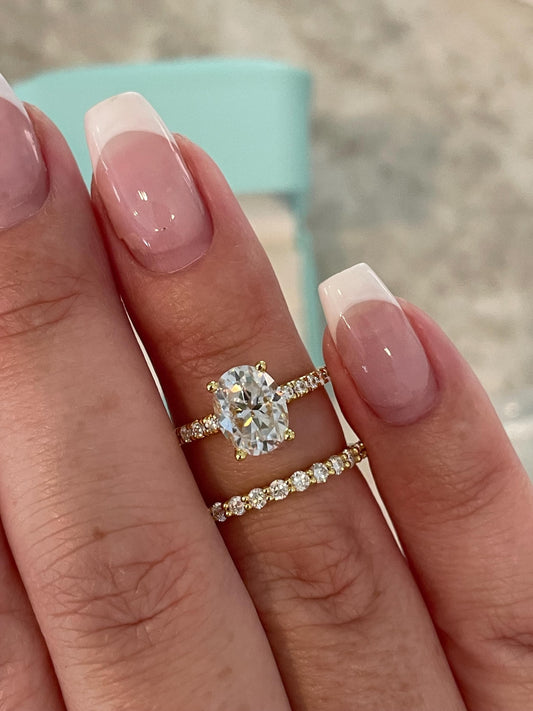 Oval Cut Moissanite Engagement Ring Set , Sterling Silver with 14K Gold or Rhodium Finish Half Eternity Band, proposal ring, 2 carat ring