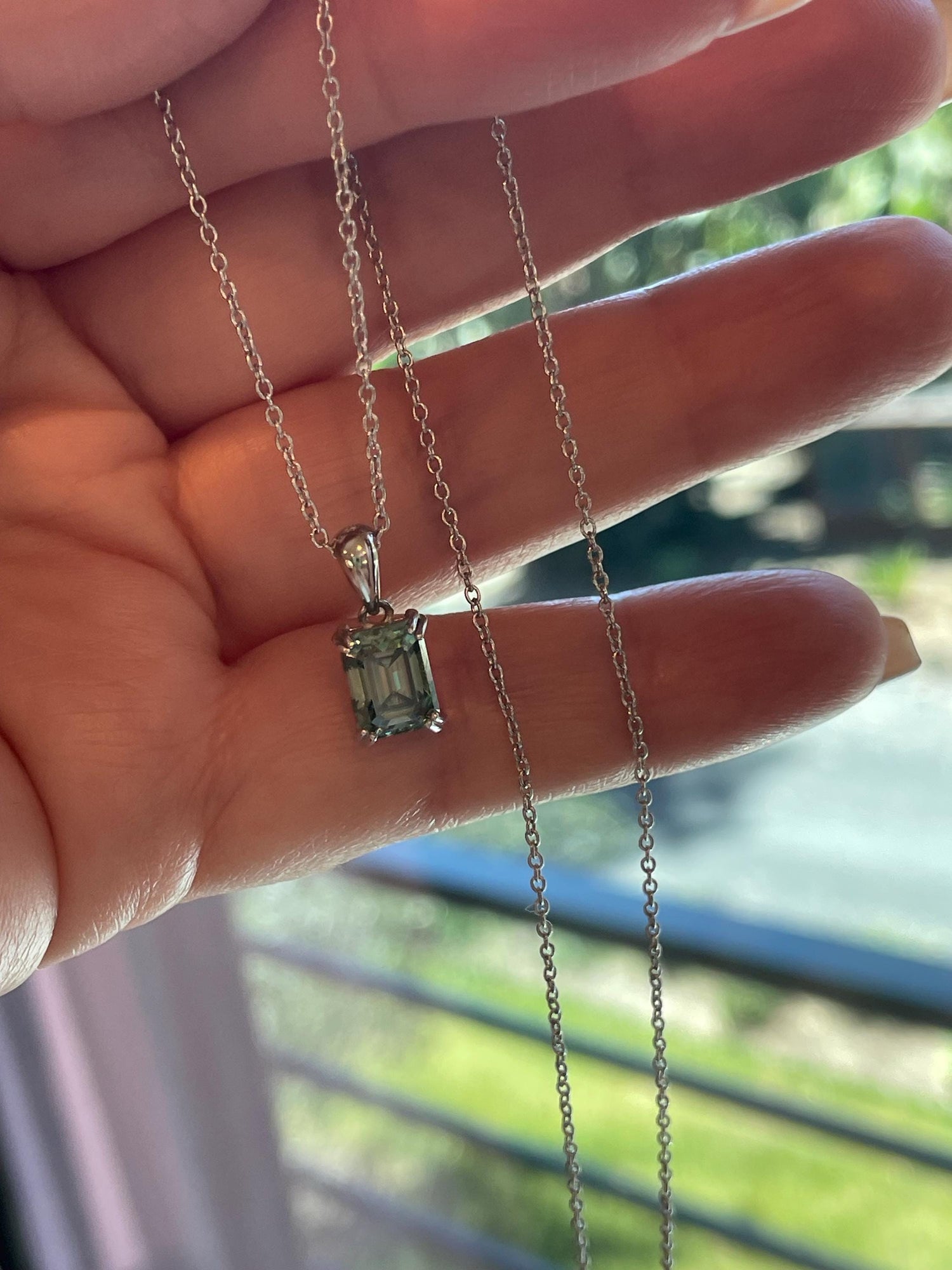 Emerald cut Green Moissanite Necklace , Sterling Silver 2 carat green moissanite , green Sparkling Moissanite Pendant with Chain