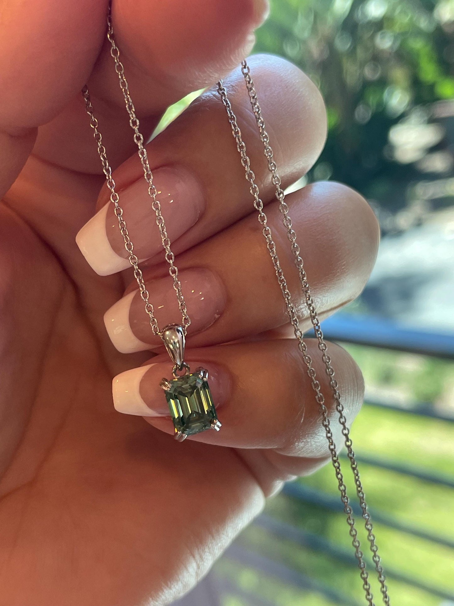 Emerald cut Green Moissanite Necklace , Sterling Silver 2 carat green moissanite , green Sparkling Moissanite Pendant with Chain