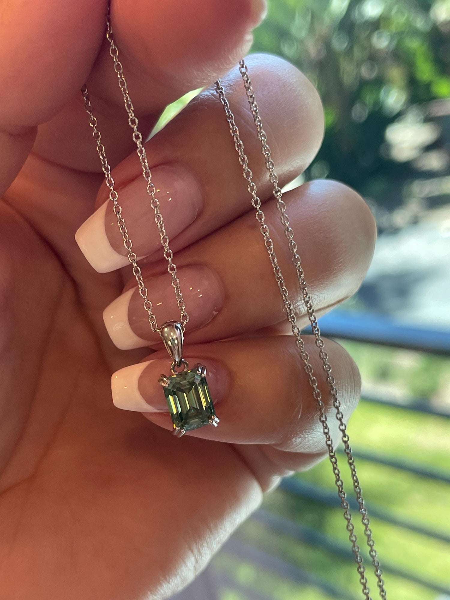 Emerald cut Green Moissanite Necklace , Sterling Silver 2 carat green moissanite , green Sparkling Moissanite Pendant with Chain