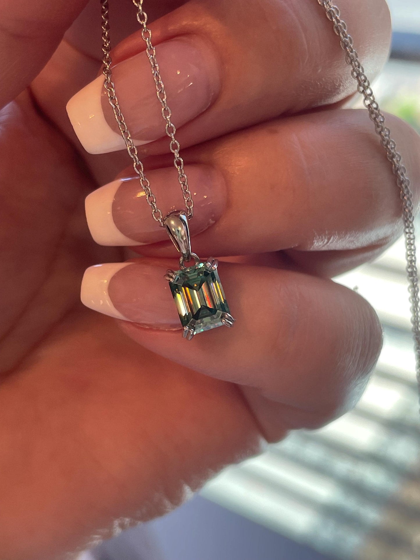 Emerald cut Green Moissanite Necklace , Sterling Silver 2 carat green moissanite , green Sparkling Moissanite Pendant with Chain