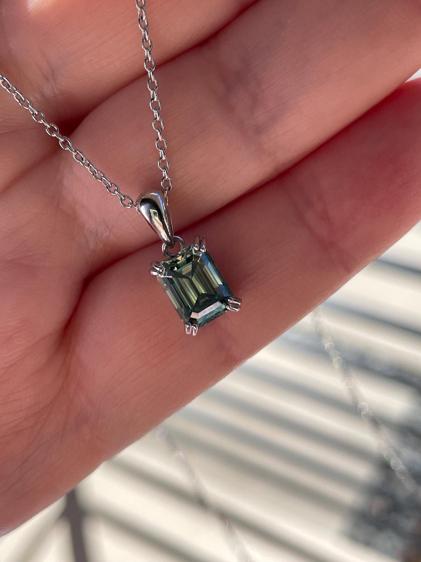 Emerald cut Green Moissanite Necklace , Sterling Silver 2 carat green moissanite , green Sparkling Moissanite Pendant with Chain