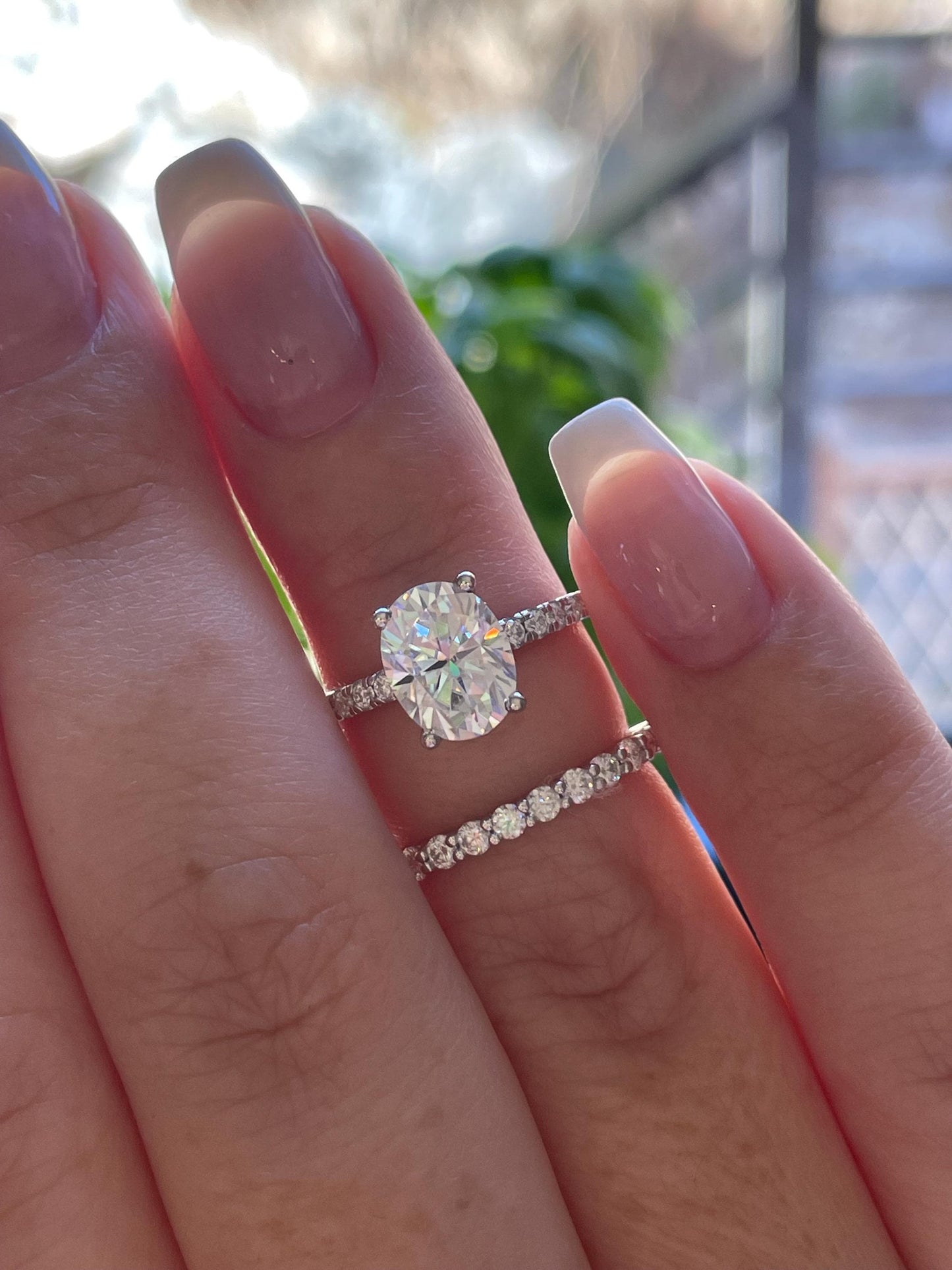 Oval Cut Moissanite Engagement Ring Set , Sterling Silver with 14K Gold or Rhodium Finish Half Eternity Band, proposal ring, 2 carat ring