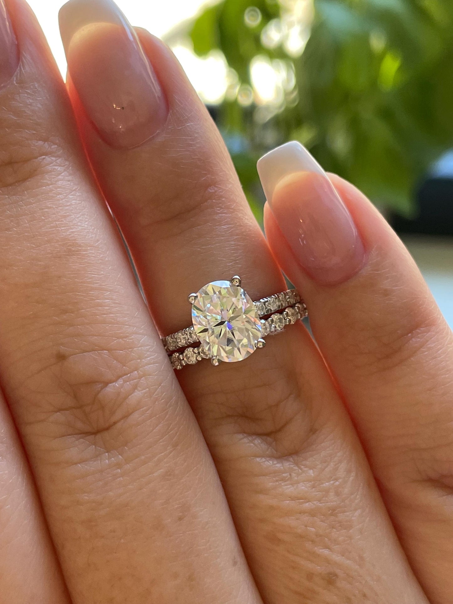 Oval Cut Moissanite Engagement Ring Set , Sterling Silver with 14K Gold or Rhodium Finish Half Eternity Band, proposal ring, 2 carat ring