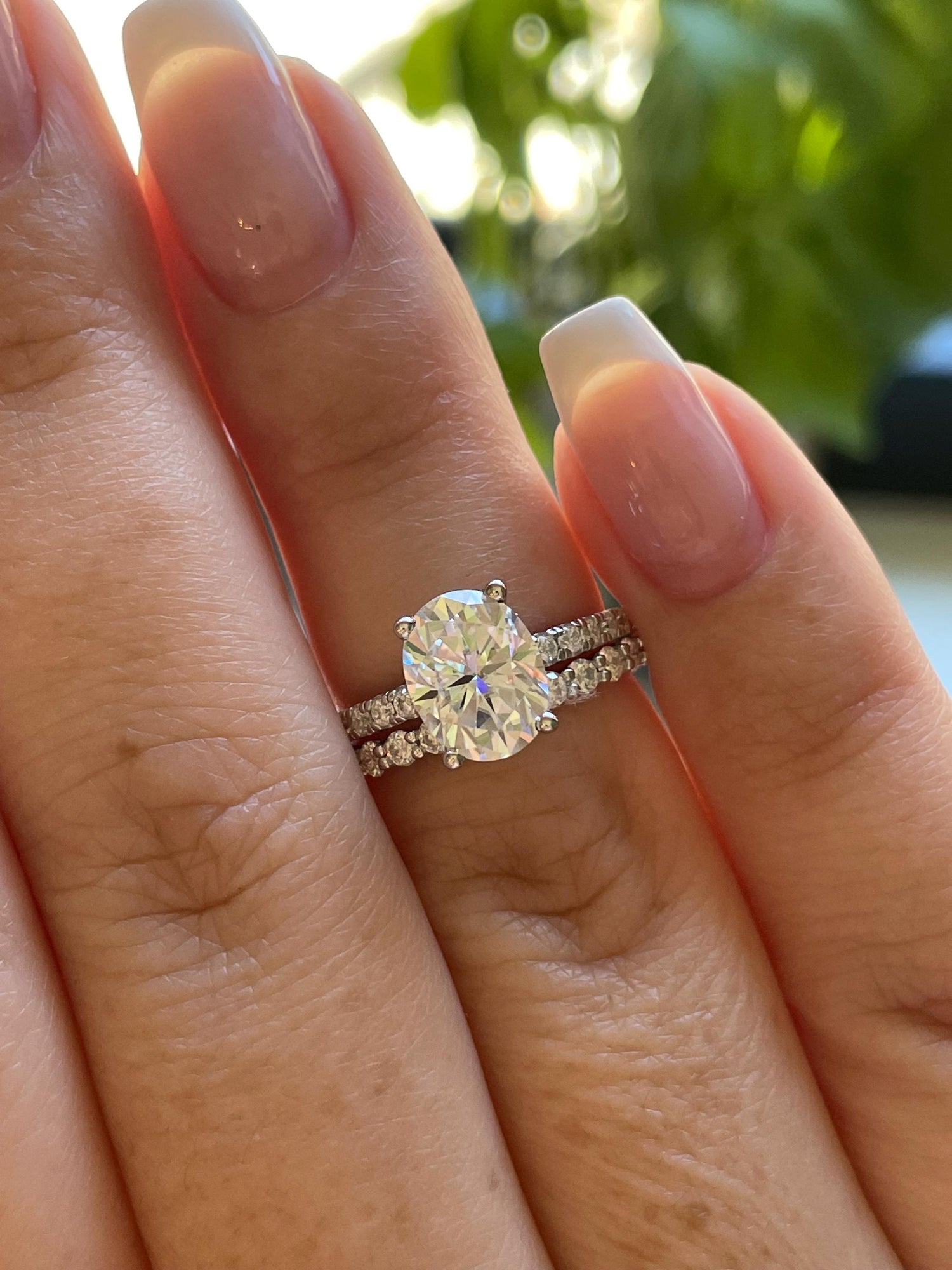 Oval Cut Moissanite Engagement Ring Set , Sterling Silver with 14K Gold or Rhodium Finish Half Eternity Band, proposal ring, 2 carat ring