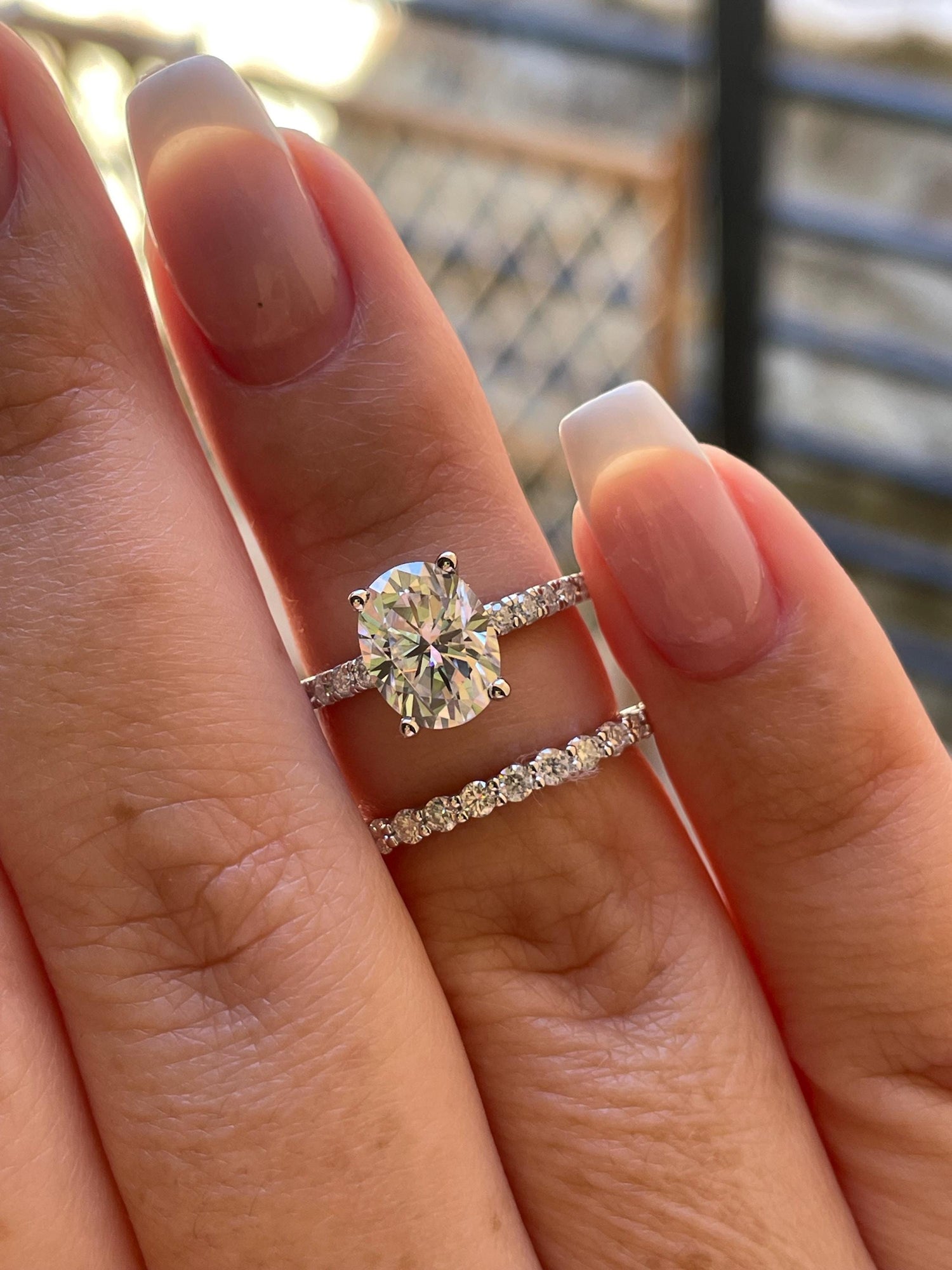 Oval Cut Moissanite Engagement Ring Set , Sterling Silver with 14K Gold or Rhodium Finish Half Eternity Band, proposal ring, 2 carat ring