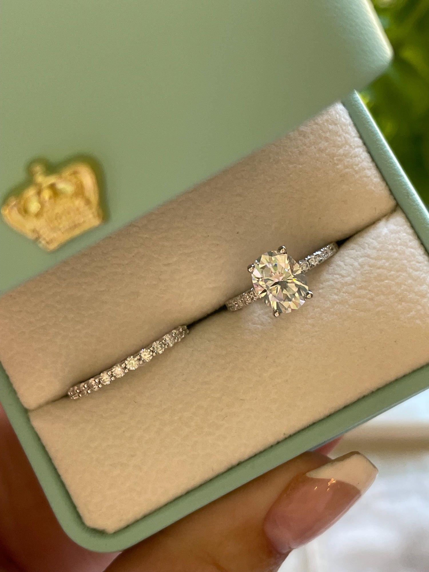 Oval Cut Moissanite Engagement Ring Set , Sterling Silver with 14K Gold or Rhodium Finish Half Eternity Band, proposal ring, 2 carat ring