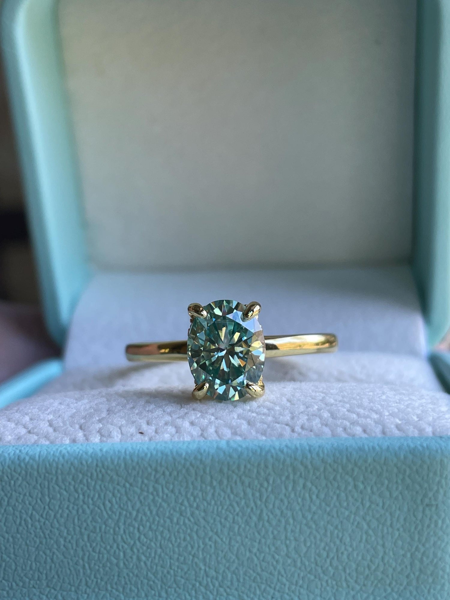 Blue green moissanite moissanite engagement ring, Sterling silver ring with 2 carat blue green moissanite, gold vermeil ring, gift for her
