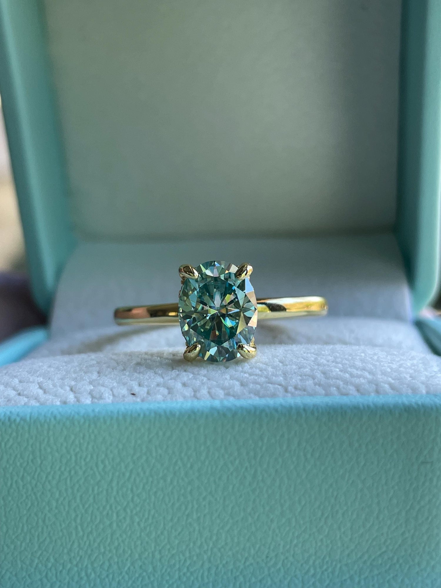 Blue green moissanite moissanite engagement ring, Sterling silver ring with 2 carat blue green moissanite, gold vermeil ring, gift for her
