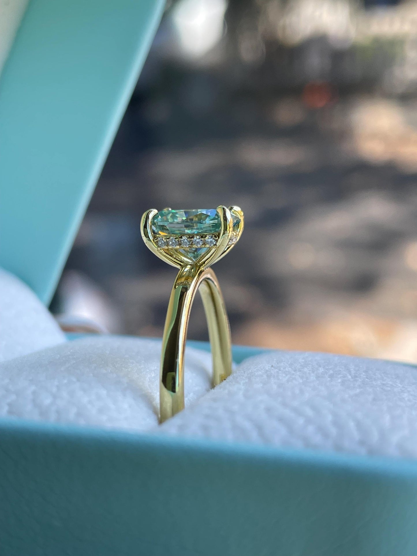 Blue green moissanite moissanite engagement ring, Sterling silver ring with 2 carat blue green moissanite, gold vermeil ring, gift for her