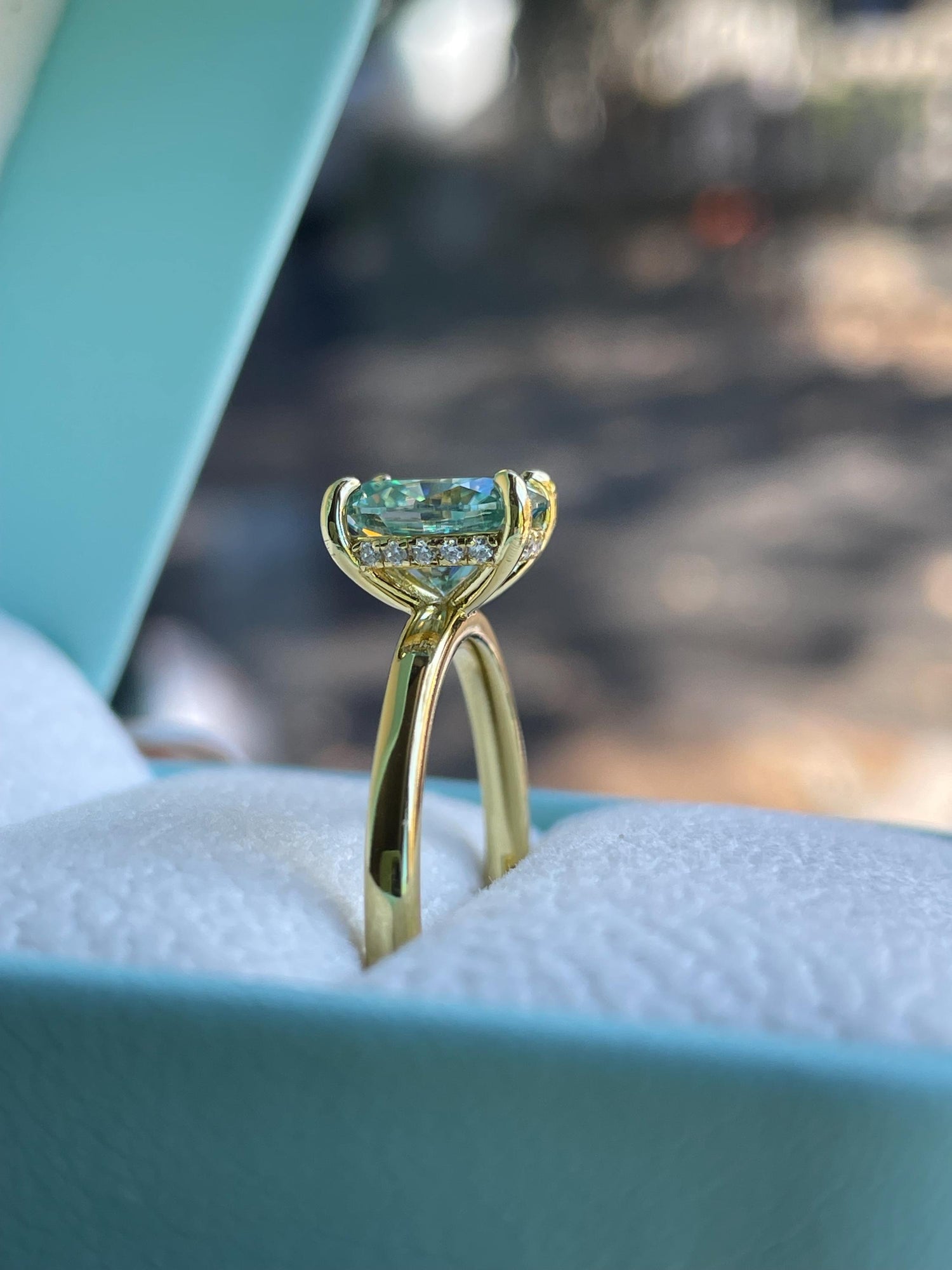 Blue green moissanite moissanite engagement ring, Sterling silver ring with 2 carat blue green moissanite, gold vermeil ring, gift for her