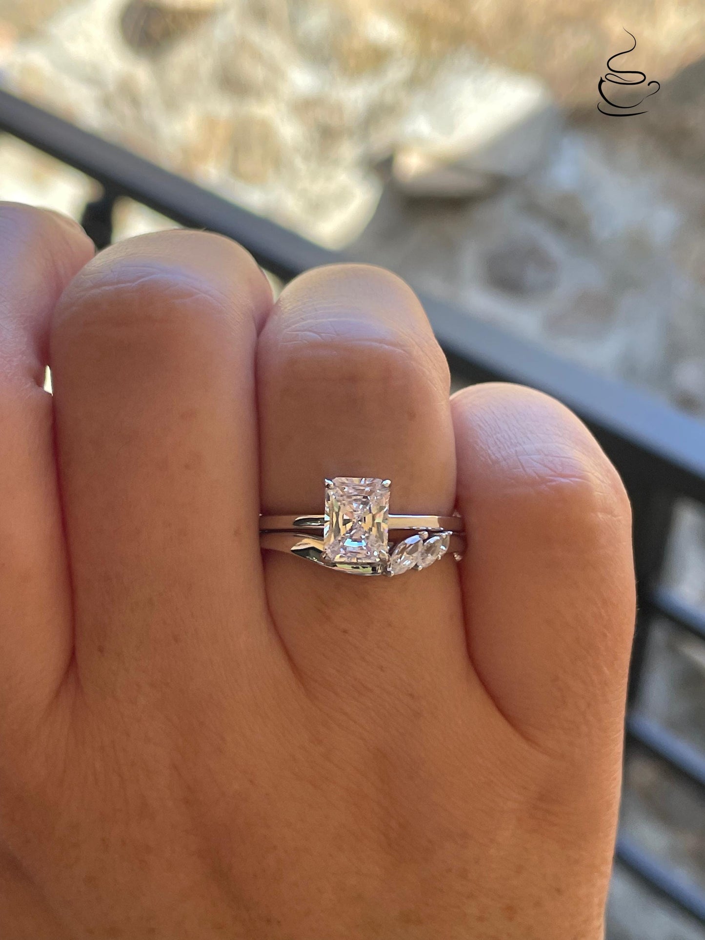 2 carat radiant cut moissanite engagement ring set. Sterling silver 925 bridal ring set with 2CT solitare with hidden halo and curved band.