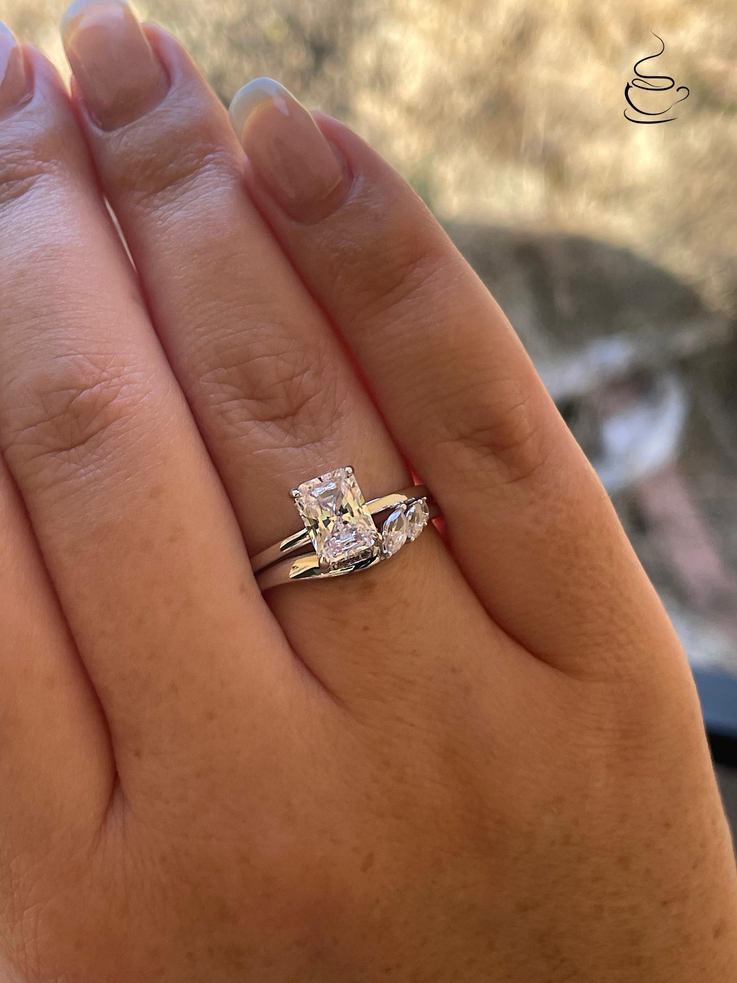 2 carat radiant cut moissanite engagement ring set. Sterling silver 925 bridal ring set with 2CT solitare with hidden halo and curved band.