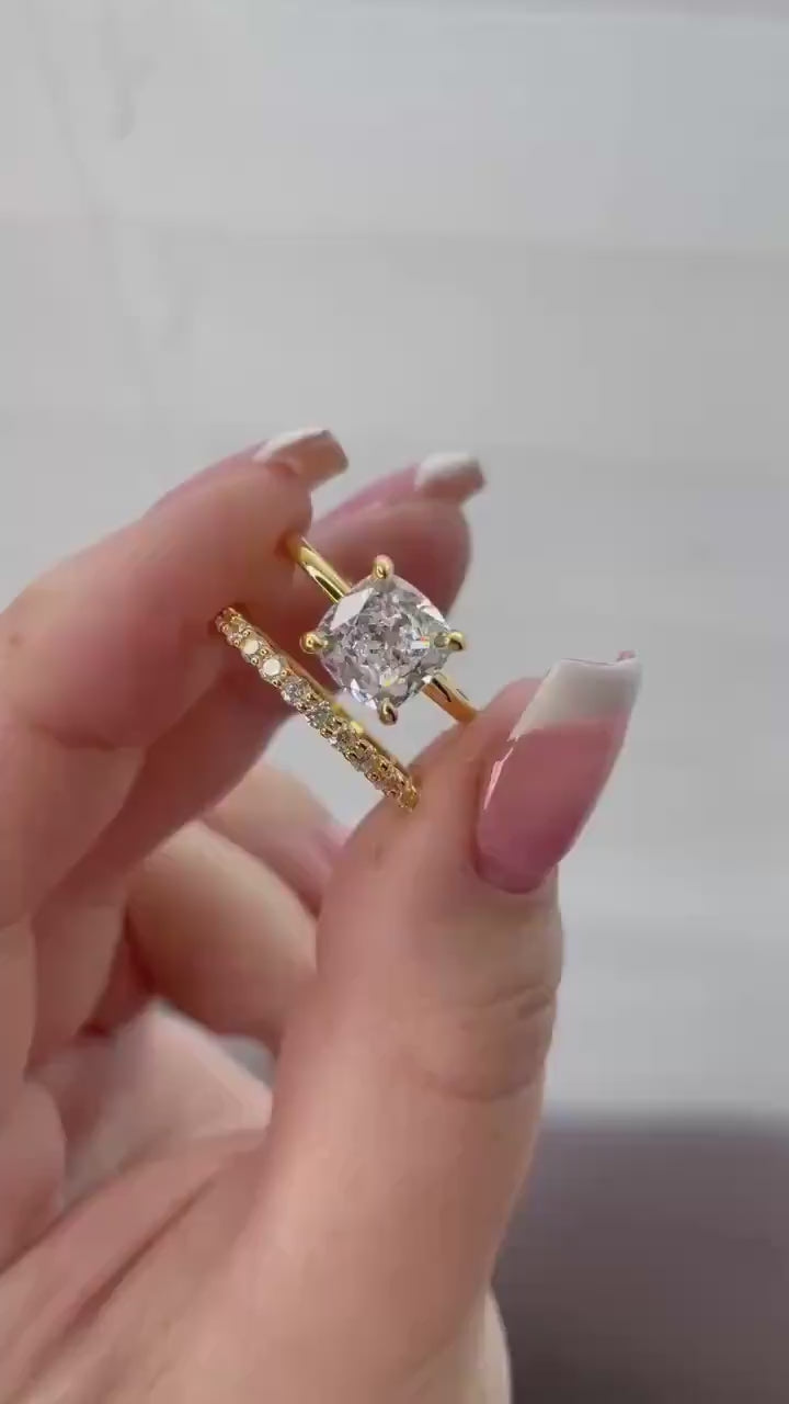Yellow Gold over Sterling Silver Bridal Set: 3CT Cushion Cut CZ Engagement Ring
