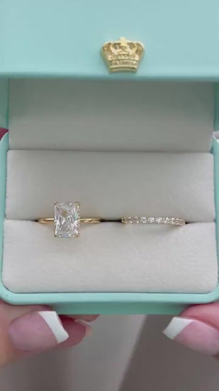 Hidden halo.Gold over Sterling Silver 925 Bridal Set with 2CT,3CT Radiant Cut CZ engagement ring with hidden halo and half eternity band.