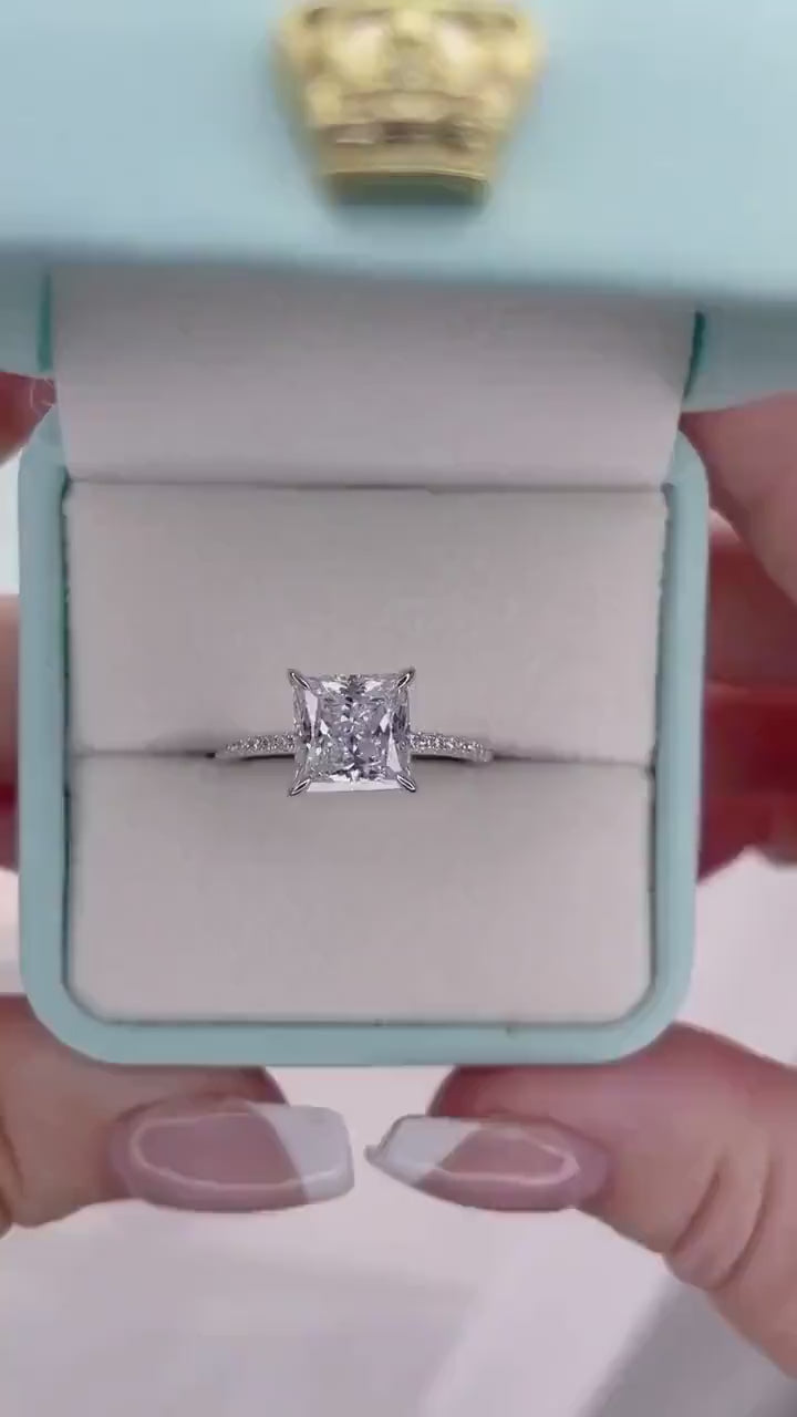 Sterling Silver Princess Cut Engagement Ring: 3CT Simulated Diamond Hidden Halo