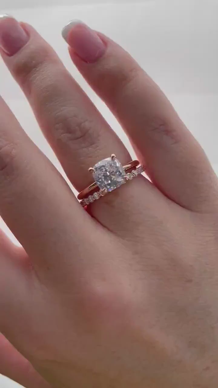 Rose Gold, yellow gold, white gold over Sterling Silver 925 Bridal Set with 3CT Cushion Cut Solitare engagement ring and half eternity band.