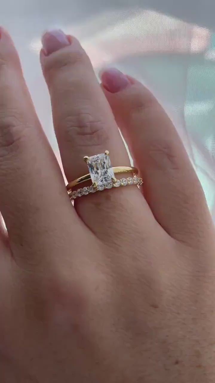 Yellow Gold over Sterling Silver 925 Bridal Set with 2CT Radiant Cut Solitare and half eternity band, engagement ring, travel ring