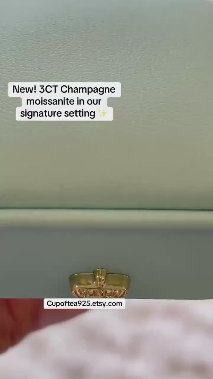 3 carat radiant cut champagne moissanite engagement ring with hidden halo, gold vermeil moissanite ring, silver moissanite ring gift for her