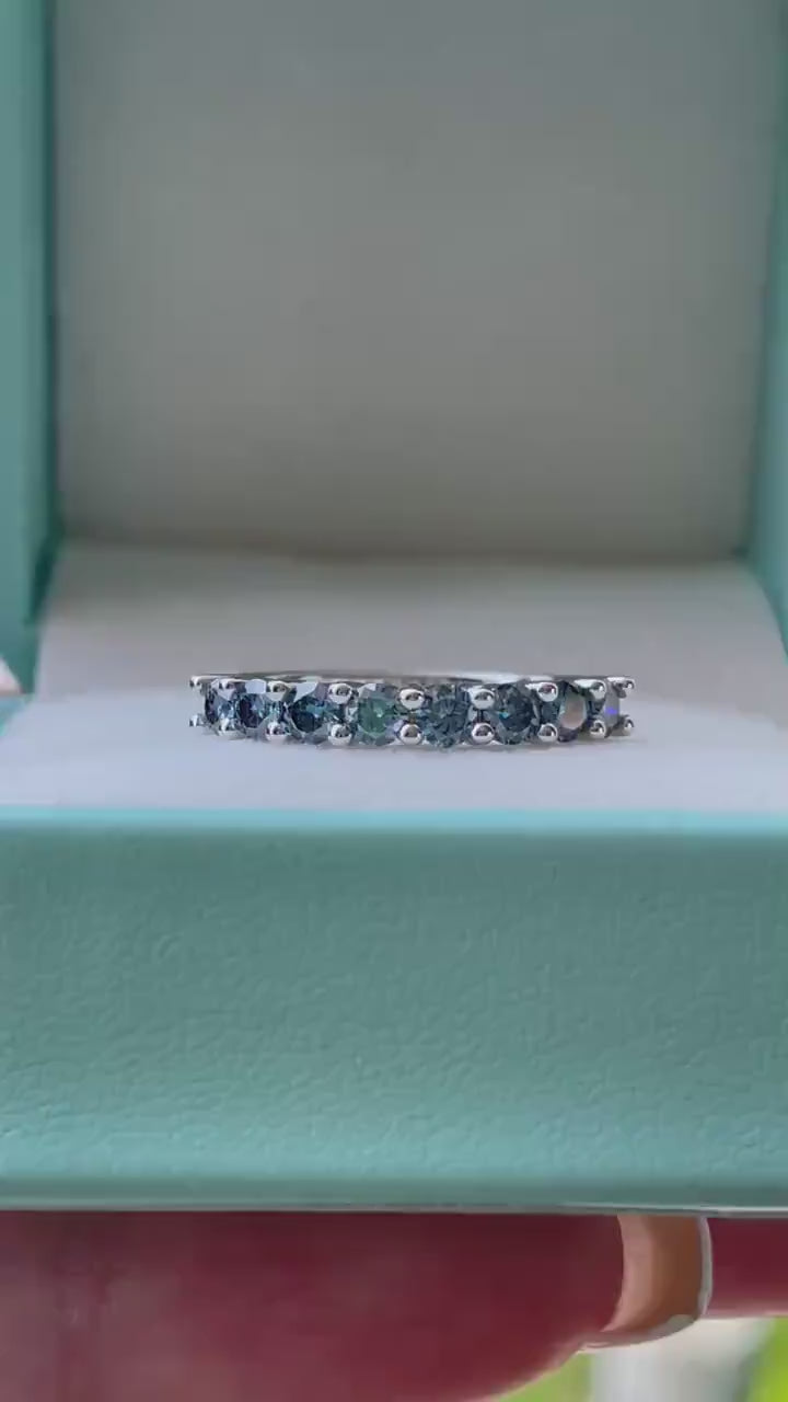 Vivid Blue Moissanite Ring Sterling Silver 925 Half Eternity Band