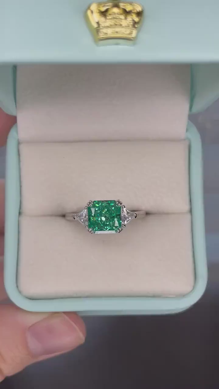 Green Parabia CZ Engagement Ring: Crushed Ice Sterling Silver 3CT