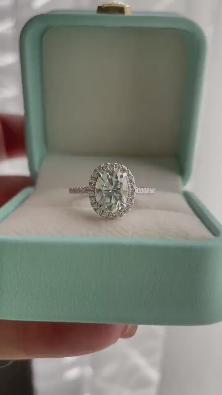 2CT Oval Moissanite Halo Engagement Ring: Sterling Silver 925, VVS DEF