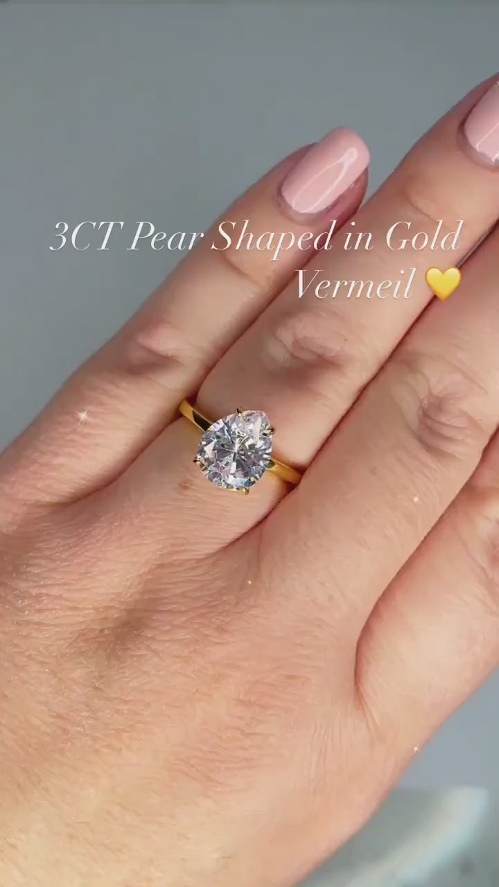 3CT Pear Shaped Engagement Ring in 18K Yellow Gold Vermeil