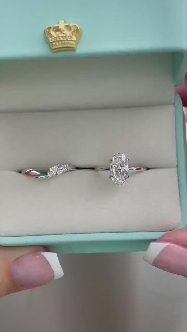 Yellow gold vermeil rose gold vermeil, sterling silver 925 bridal set with 2.25CT skinny oval cut CZ diamond & curved band, engagement ring