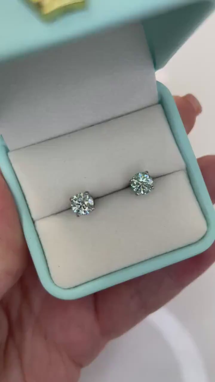 Green Aqua Blue, Teal Moissanite 1.6 CTTW  (0.8CT+0.8CT)  Stud Earrings in Sterling Silver 925