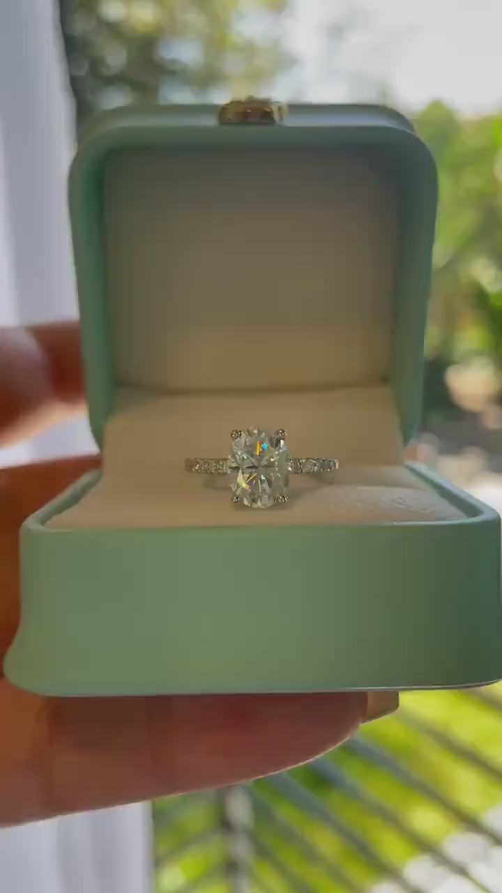 2 carat oval cut moissanite engagement ring with paved band,  gold vermeil oval moissanite engagement ring, silver moissanite ring