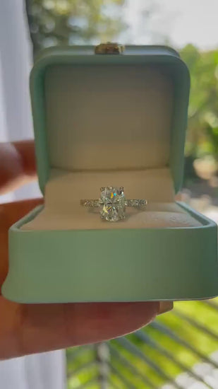 2 carat oval cut moissanite engagement ring with paved band,  gold vermeil oval moissanite engagement ring, silver moissanite ring