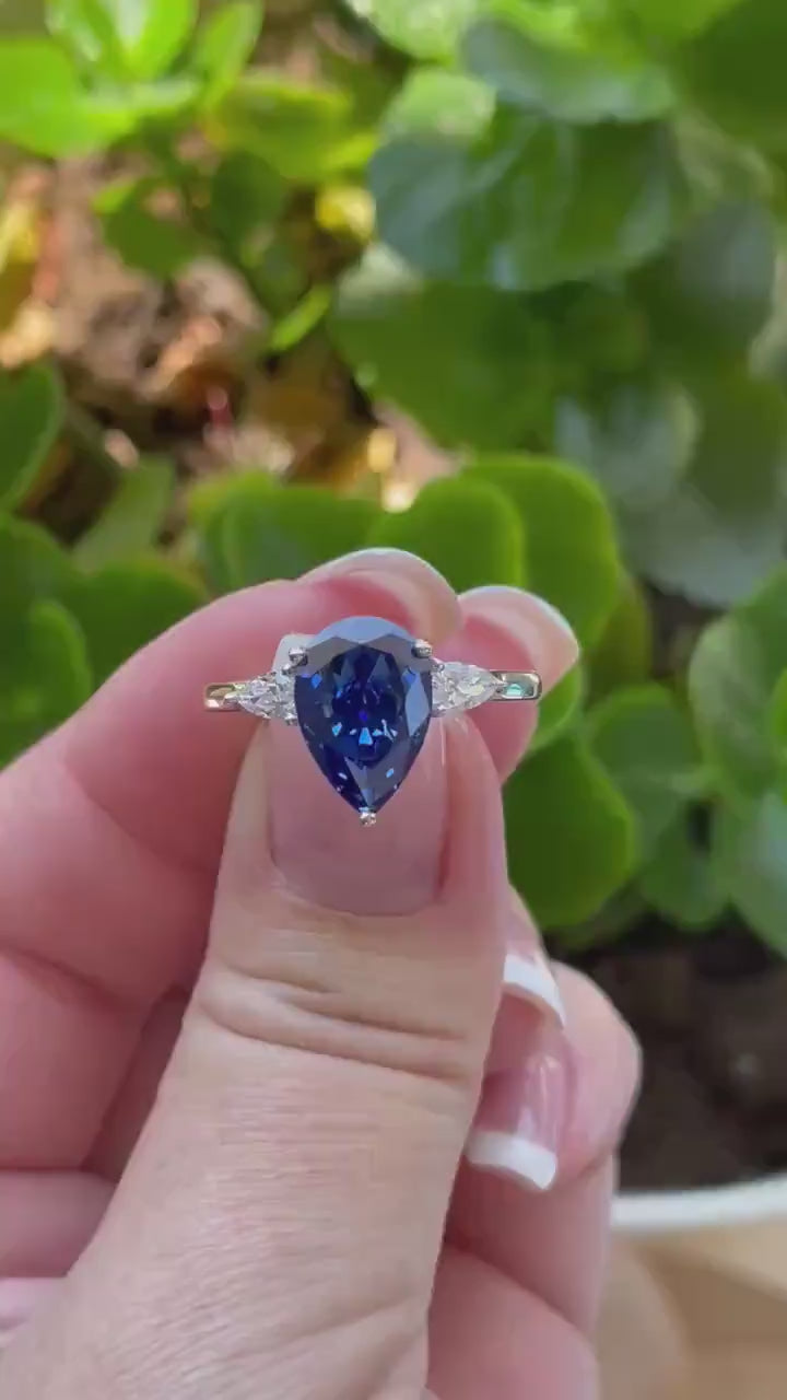 New In! 3 carat crushed ice simulated blue sapphire pear shaped engagement ring in silver 925, yellow gold vermeil ring, gift for her