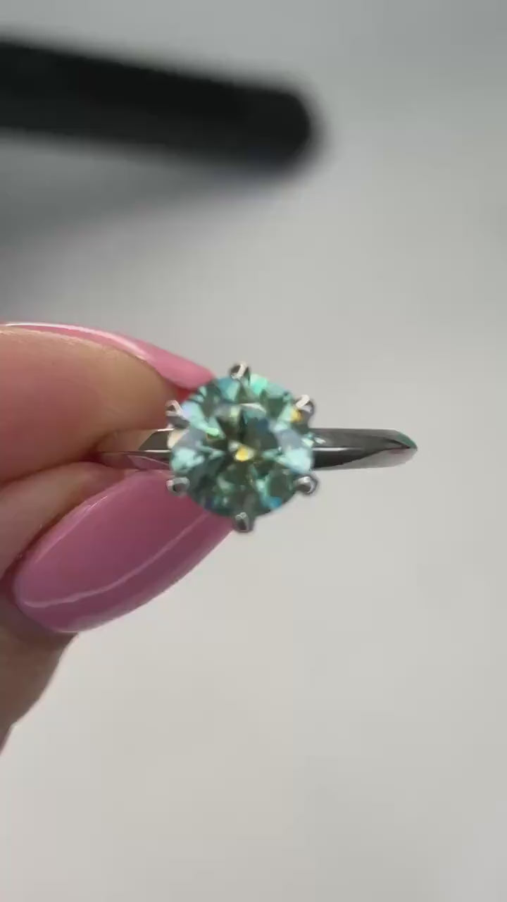 2CT Blue-Green Moissanite Solitaire Ring, Sterling Silver Engagement Ring