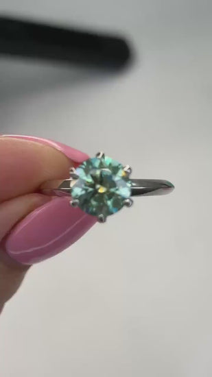 2CT Blue-Green Moissanite Solitaire Ring, Sterling Silver Engagement Ring